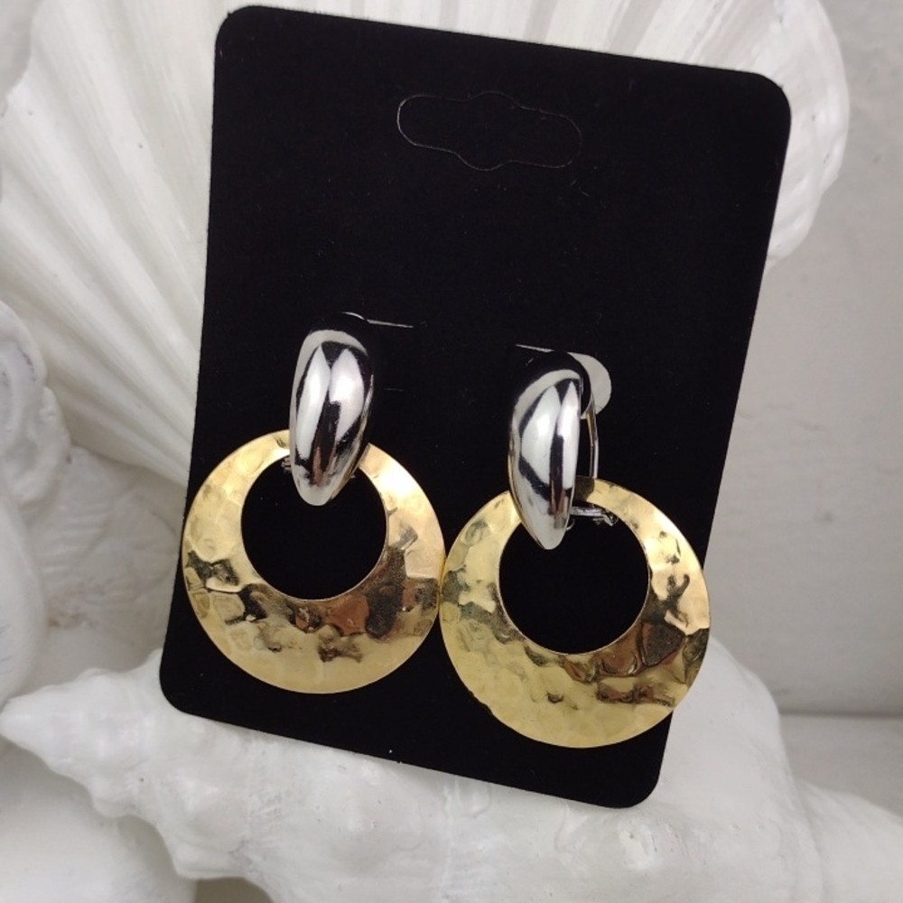 Two-Tone Hammered Silver & Gold Open Cymbal Drop Earrings Highend Appeal